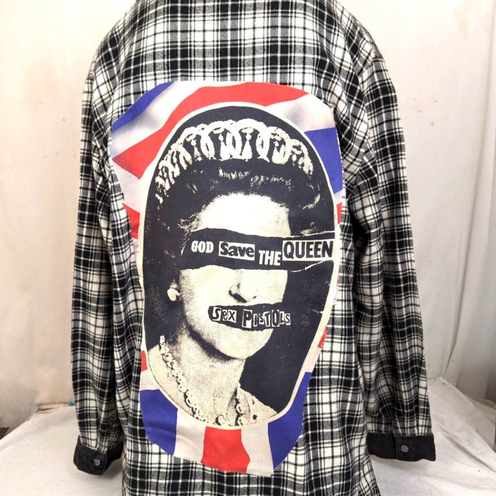 Sex Pistols God Save The Queen B&W Flannel Front Button Shirt w/Fringe XL